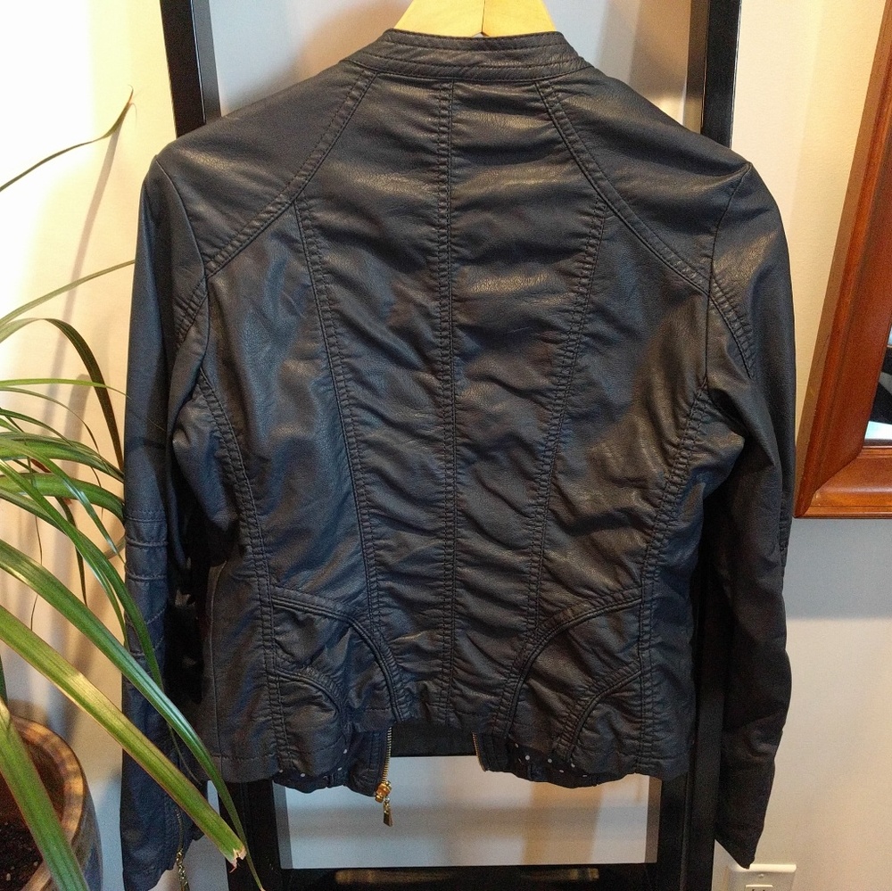 Faux Leather dark Navy Moto Jacket Bought in Italy - Quality! Vegan Gold zip S - Picture 7 of 15